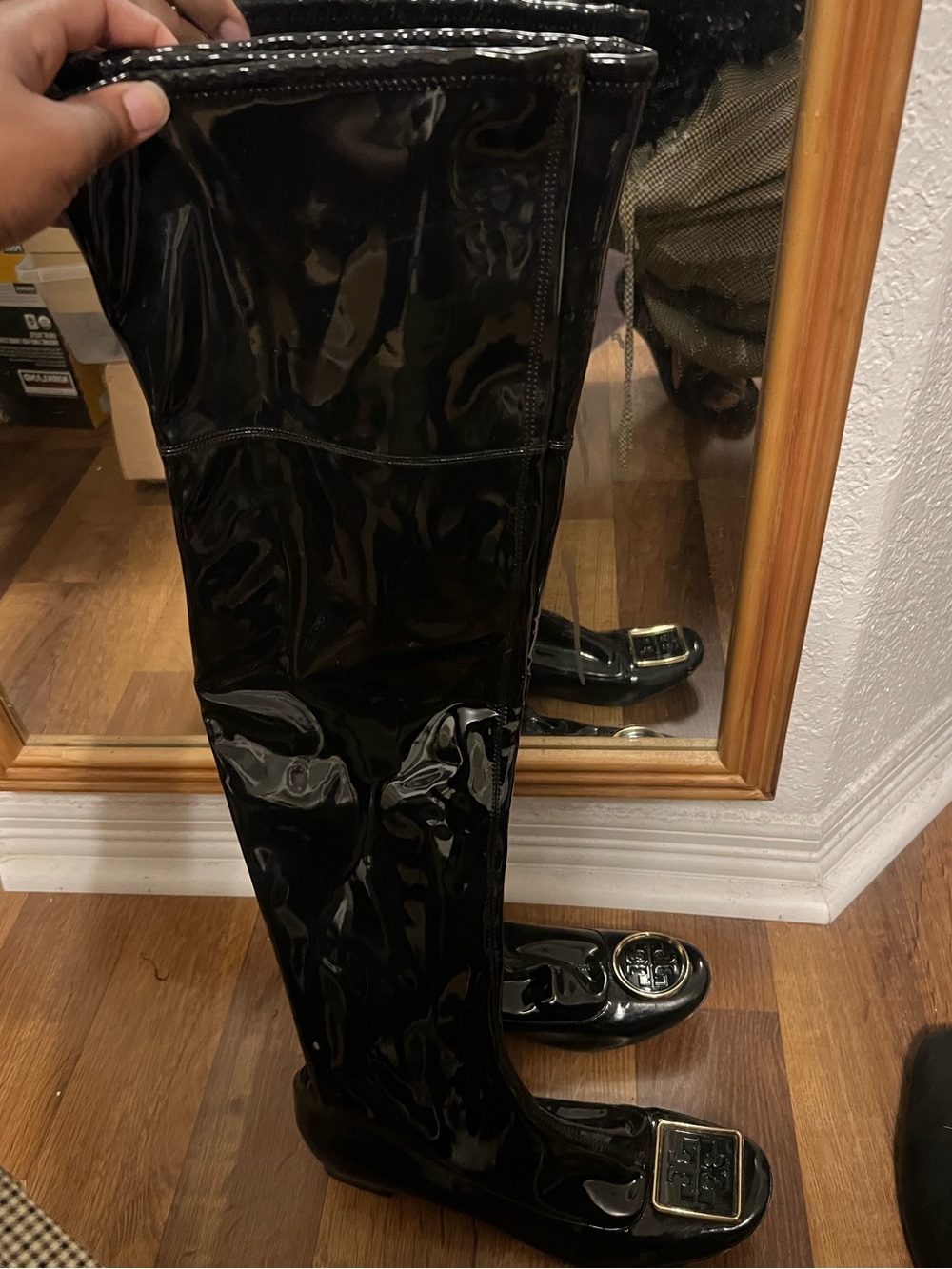 Tory Burch Patent Black Knee-High Boots with Logo Medallions - Picture 9 of 9